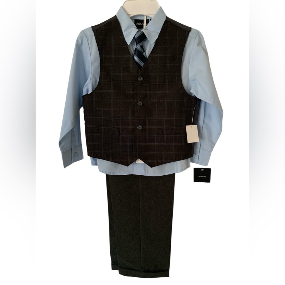 NWT Claiborne Suit Set Boys Size 6R Blue Gray 4 PC Vest Shirt Pants Clip On Tie